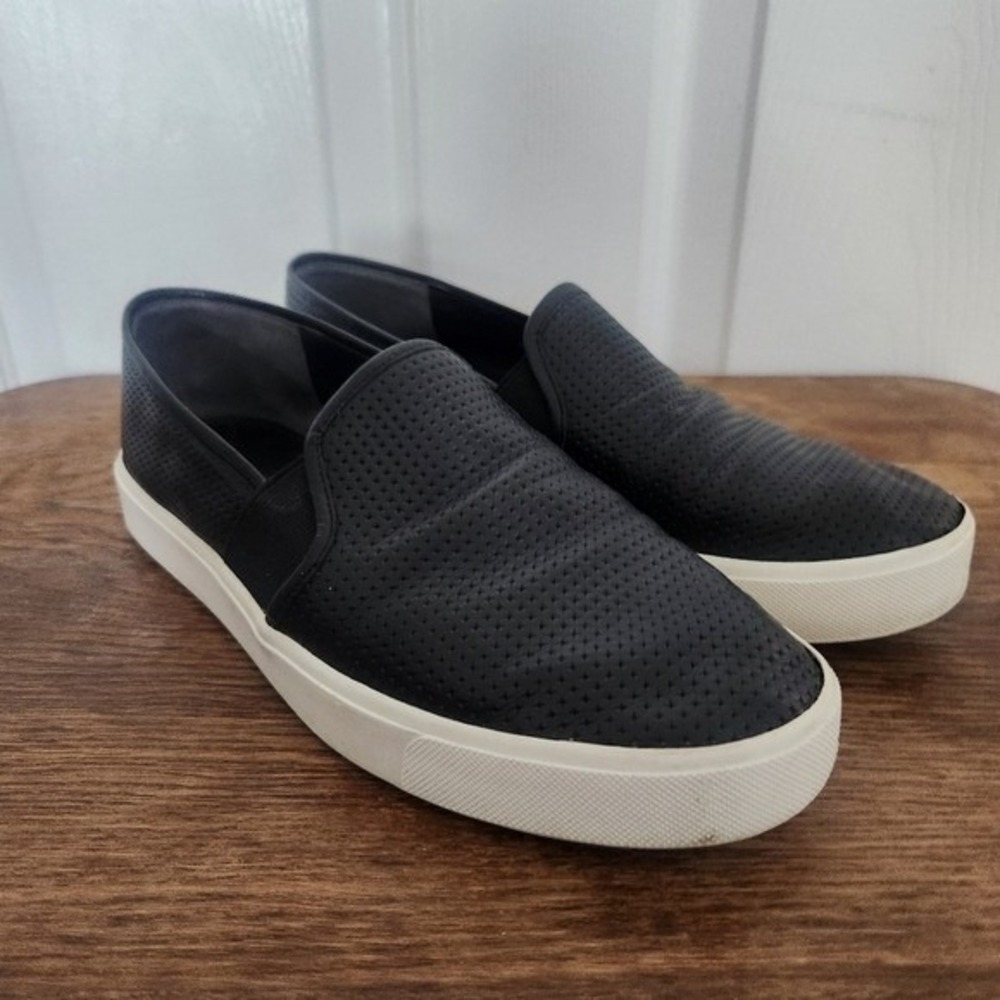 Vince Womens 6.5M Blair Black Perforated Leather Slip On Platform Sneakers